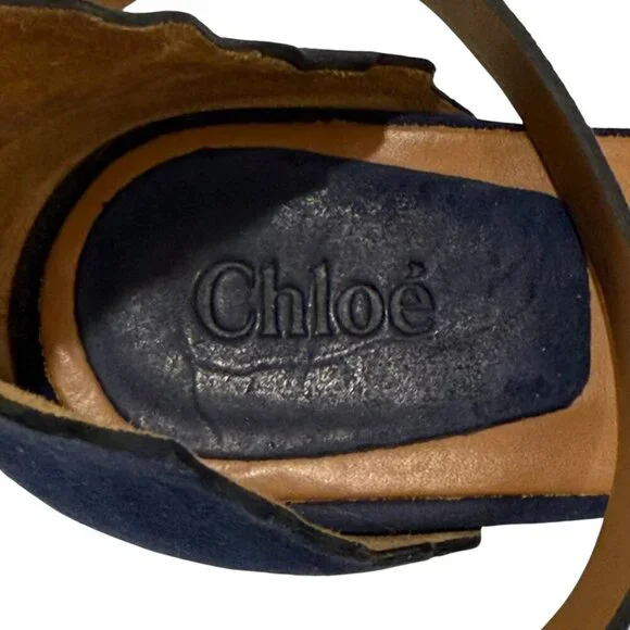 Chloé Navy Suede Scalloped Espadrilles Wedge Sandals Size 39 - Picture 6 of 10